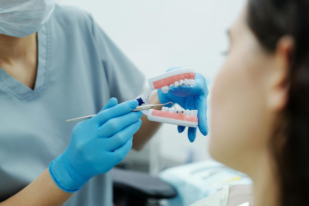 dentist showing teeth model to patient