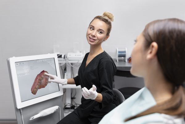 dentist showing digital scan of teeth to a patient